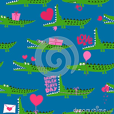 Valentine` Day Crocodile pattern design with several alligators - funny hand drawn doodle, seamless pattern. Vector Illustration