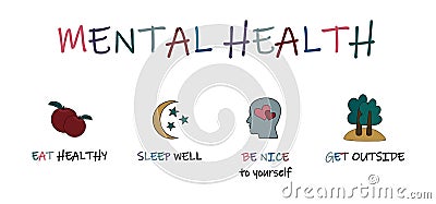 A set of tips for good mental health. Vector Illustration