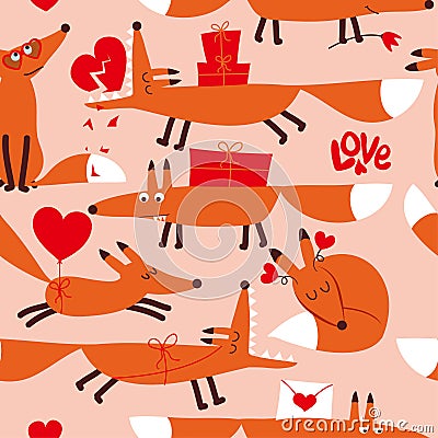 Fox pattern design with several foxes - funny handdrawn doodle, seamless pattern. Vector Illustration