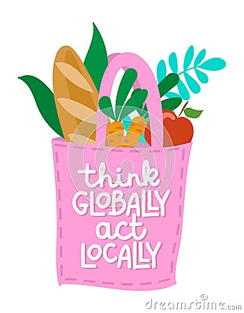 Think globally act locally - shop small business, buy family business . Vector Illustration