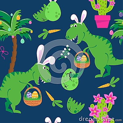 Dino Easter egg hunt party - Funny cartoon dinosaurs, bones, and eggs. Stock Photo