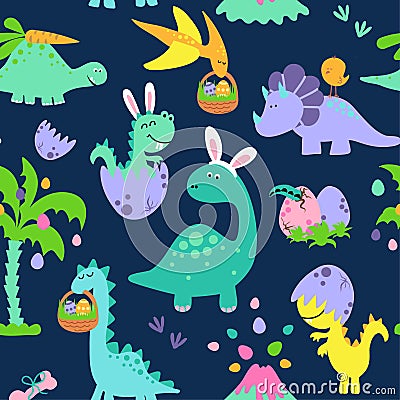 Dino Easter egg hunt party - Funny cartoon dinosaurs, bones, and eggs. Vector Illustration