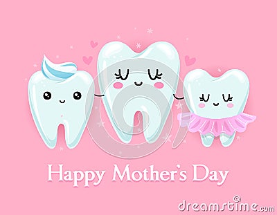 Happy Mother`s Day - Tooth family character design in kawaii style. Stock Photo