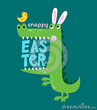 Snappy Easter - Funny crocodile in easter bunny costume with a bird. Vector Illustration