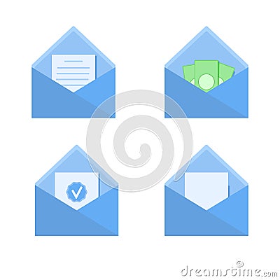 Four open blue envelopes with letters and money and a blank sheet on a white background Vector Illustration