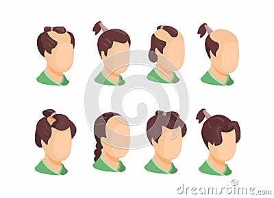 Japanese male classical hairstyle collection set. samurai head avatar cartoon illustration vector Vector Illustration