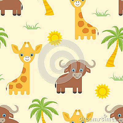 Cute African animals seamless pattern. Vector babies background. Vector Illustration