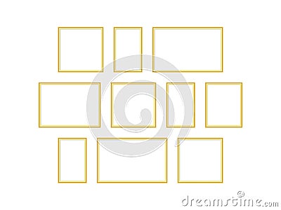 Golden photo frames collage. Realistic empty frameworks mockup set on wall. Stock Photo