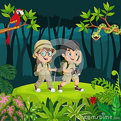 Cartoon explorer kids with animals in the jungle Vector Illustration