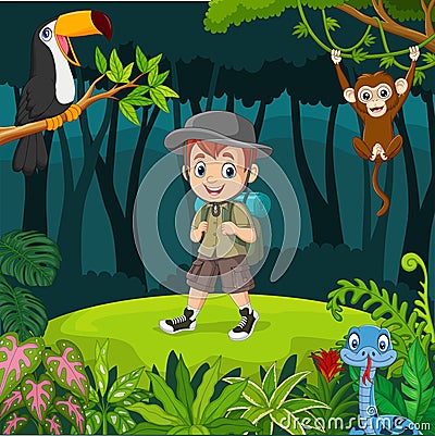 Cartoon explorer boy with animals in the jungle Vector Illustration