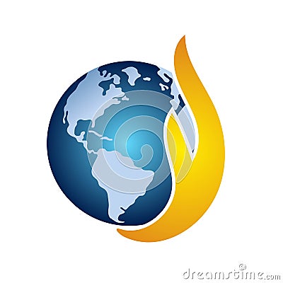 Globe world Flame hands care symbol. Vector Illustration