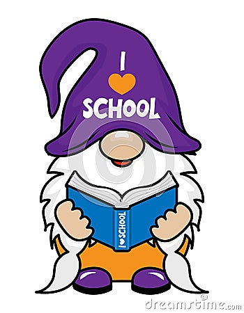 I love school - Smart gnome with globe. Cute troll character. Hand drawn doodle for kids. Vector Illustration
