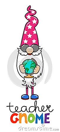 Teacher gnome - Smart gnome with globe. Cute troll character. Vector Illustration