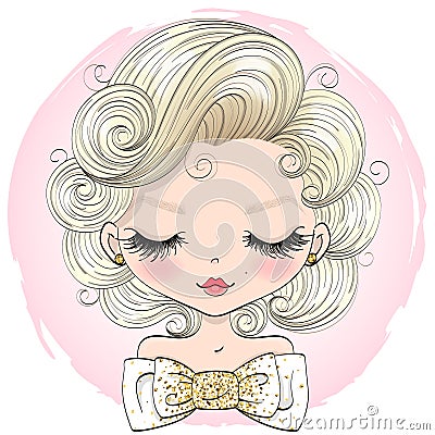 Hand drawn beautiful cute cartoon fashion girl with bow. Vector Illustration