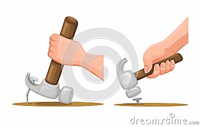 Hand using hammer to put and remove nail symbol set cartoon illustration vector Vector Illustration