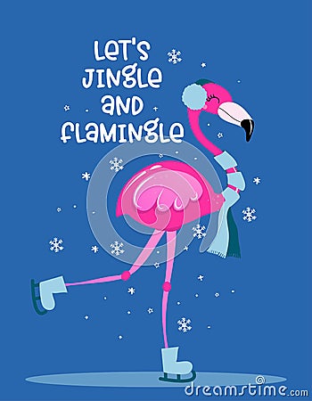 Let`s jingle and flamingle - Calligraphy phrase for Christmas with cute flamingo girl. Stock Photo