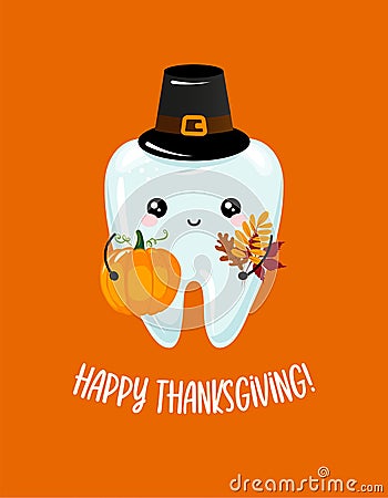 Happy Thanksgiving - Tooth family character design in kawaii style. Stock Photo