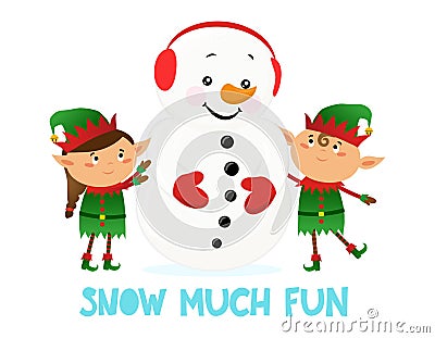 Sown much fun so much fun - Merry Christmas, xmas and happy new year funny concept with elves and snowman. Vector Illustration