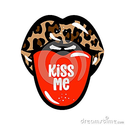 Happy Valentine`s Day lips in leopard color and with kiss me tongue. Vector Illustration