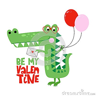 Be my Valentine - Cute Funny hand drawn doodle with crocodile in love. Vector Illustration