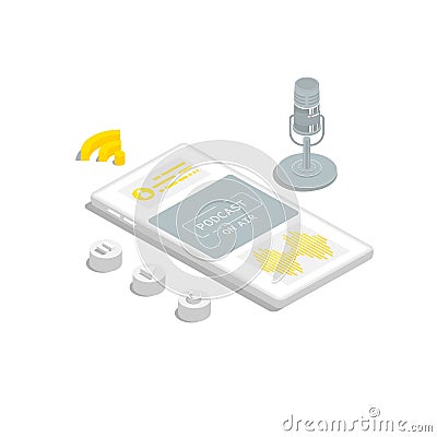 Isometric design, Podcast application on smartphone with microphone, symbol wifi and button elements, Vector illustration. Vector Illustration