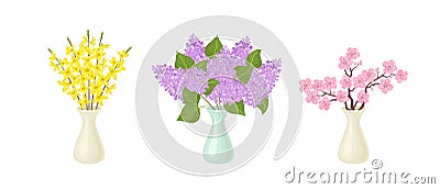 Set of vases with bouquets of blooming spring branches. Lilac flowers, yellow forsythia and cherry blossoms. Vector Illustration