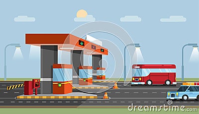 Highway Toll Gate. Car City Transport Road flat cartoon illustration vector Vector Illustration