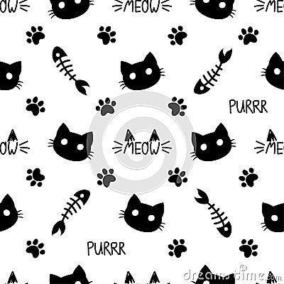 Cute cat paw, fishbone and face pattern - funny vector drawing seamless pattern. Vector Illustration