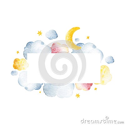 Lovely Watercolor frame border with fluffy clouds,stars and moon. Stock Photo