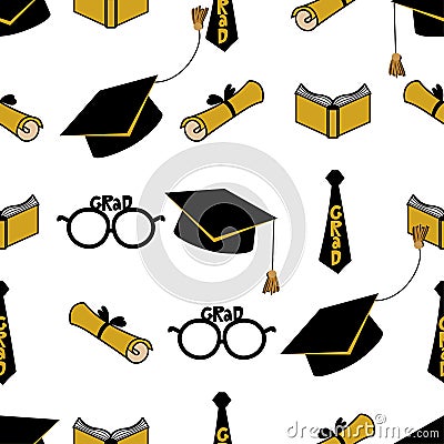 Congratulations graduates - Seamless pattern, vector backdrop of tossing graduation caps, books and diplomas pattern. Vector Illustration
