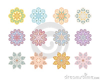 Set of abstract floral decorative motifs. Collection of stylized flowers of different colors. Vector Illustration