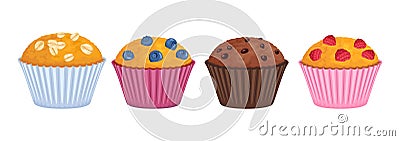 Set of different muffins isolated on white background. Chocolate, raspberry, blueberry and oatmeal cake. Vector Illustration