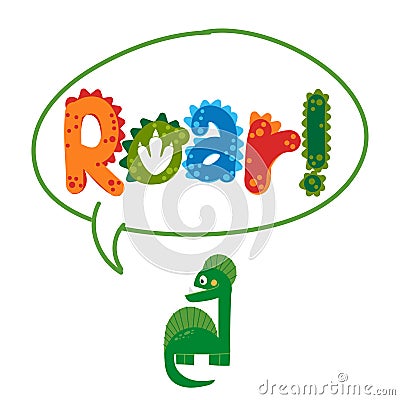 Roar word with speech bubble Dinosaur - Cute Dino print design - funny hand drawn doodle, cartoon alligator. Vector Illustration