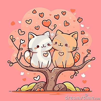 Cartoon Cat. Couple kitten loving in tree valentine tree Vector Illustration