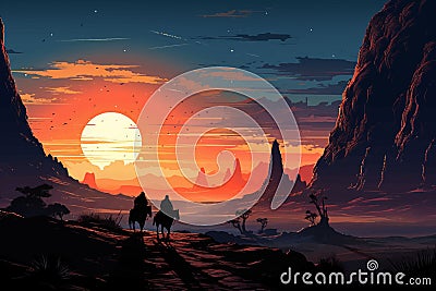 Desert nocturne, Bedouins on camels journey to Egypt's pyramids by night Vector Illustration