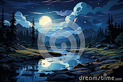 Azure nocturne, Nighttime lake scene painted in shades of calming blue Vector Illustration