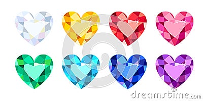 Set of colorful gems in shape of heart. Vector cartoon flat illustratio Vector Illustration