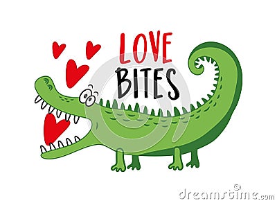 Love bites - funny alligator or crocodile with hearts. Happy Valentine's day Vector Illustration