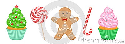 Set of Christmas sweets. Festive cupcakes, gingerbread man, lollipop and candy cane. Vector Illustration