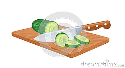Sliced green cucumber with knife on cutting board. Cooking concept. Vector Illustration