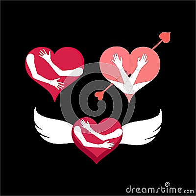 Self hugging line icon, Love yourself, cute cartoon heart character hug. Vector Illustration