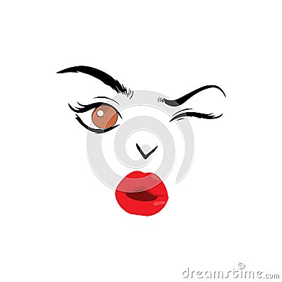 Beautiful woman face with red lips vector. Fashion model face close up, vector illustration. Vector Illustration