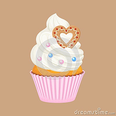 Festive cupcake for Valentine's Day. Vector cartoon illustration. Vector Illustration