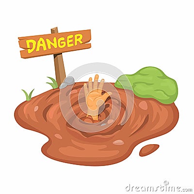 Hand in QuickSand With Danger Warning Sign Illustration Vector Vector Illustration