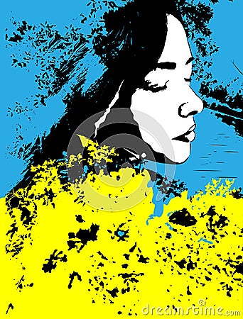Art illustration of a beautiful Ukrainian girl on a yellow blue background. Drawing abstract woman Vector Illustration