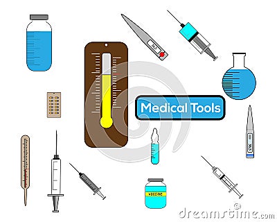 medical tools with injection thermometer medicine and vaksin Vector Illustration