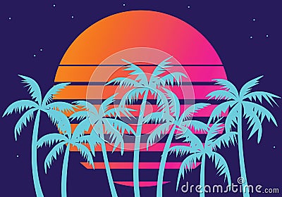 Retro futuristic palm trees in 80s style at sunset. Summer time, palm trees Vector Illustration