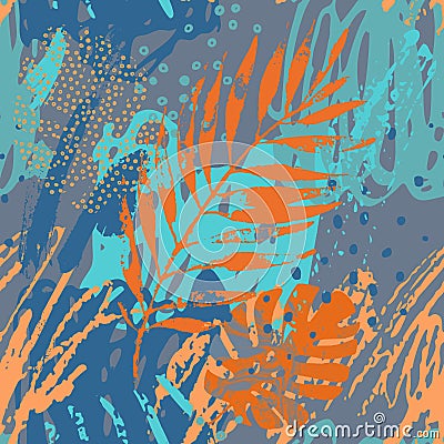 Art illustration: rough grunge tropical leaves filled with marble texture, doodle elements background Cartoon Illustration