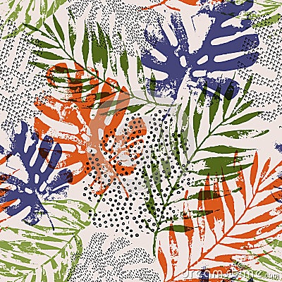 Art illustration: rough grunge tropical palm, monstera leaf, grunge, doodles texture Vector Illustration