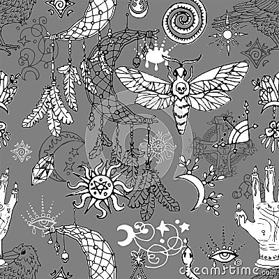 Seamless pattern with dreamcatcher, moth and astrology magic symbols. Vector Illustration